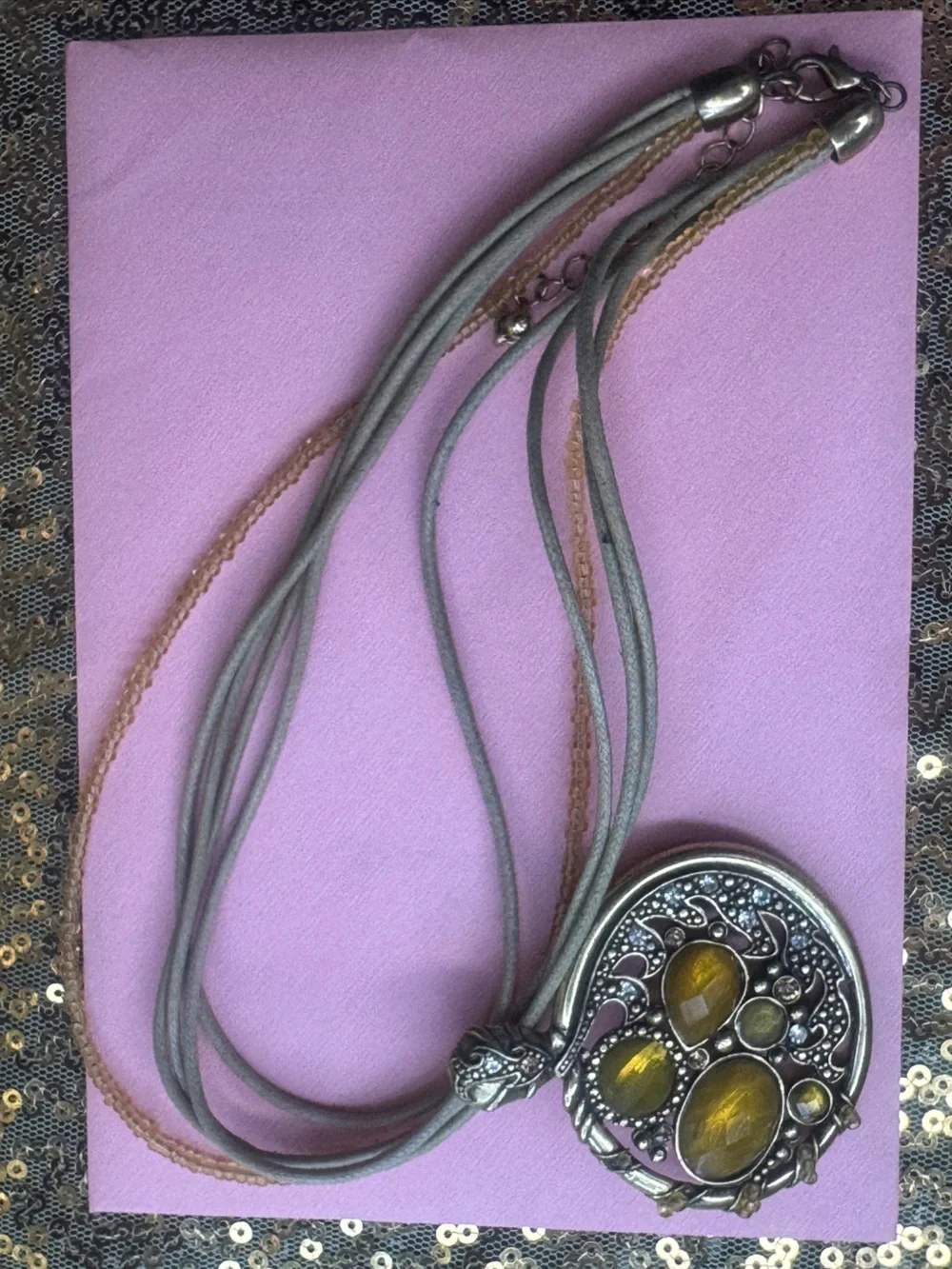 Silver and gold -Tone Pendant Necklace with Yellow Cabochons